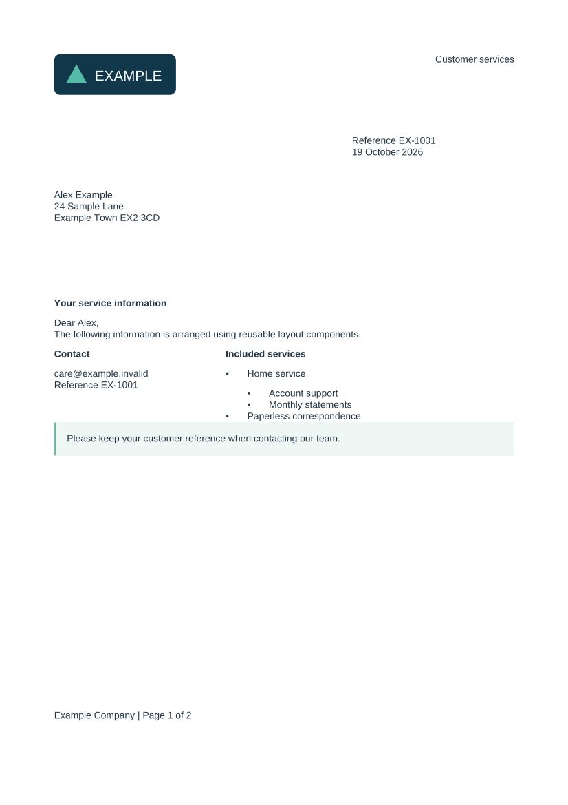 Layout pack: first letter page: first page of the generated letter